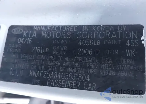 2016 Kia Forte Sx z USA, uszkodzony, nr VIN KNAFZ5A34G5631804